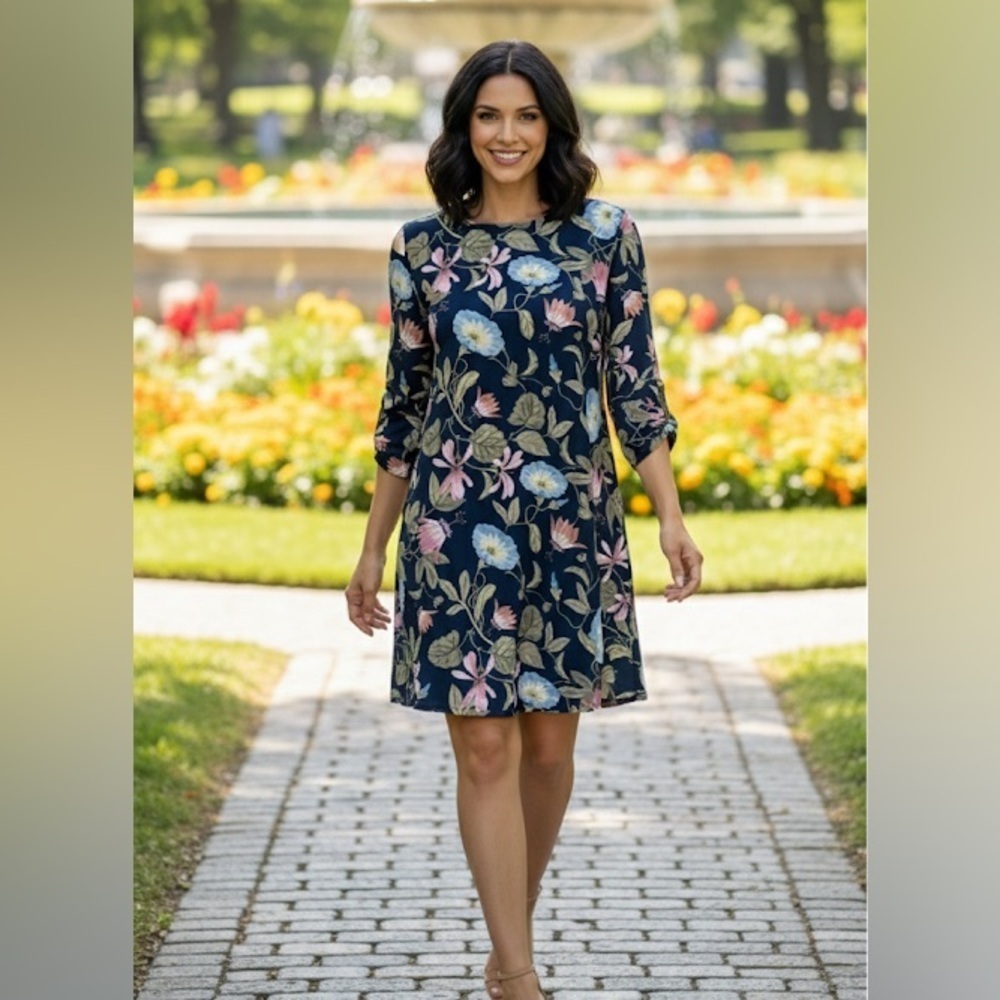 Ann Taylor Factory Navy Blue Floral Puff Sleeve Shift Dress size 6